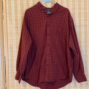 St Johns Bay Mens 2X Shirt Jaspe' Twill Red Plaid Long Sleeve Button Up Preppy